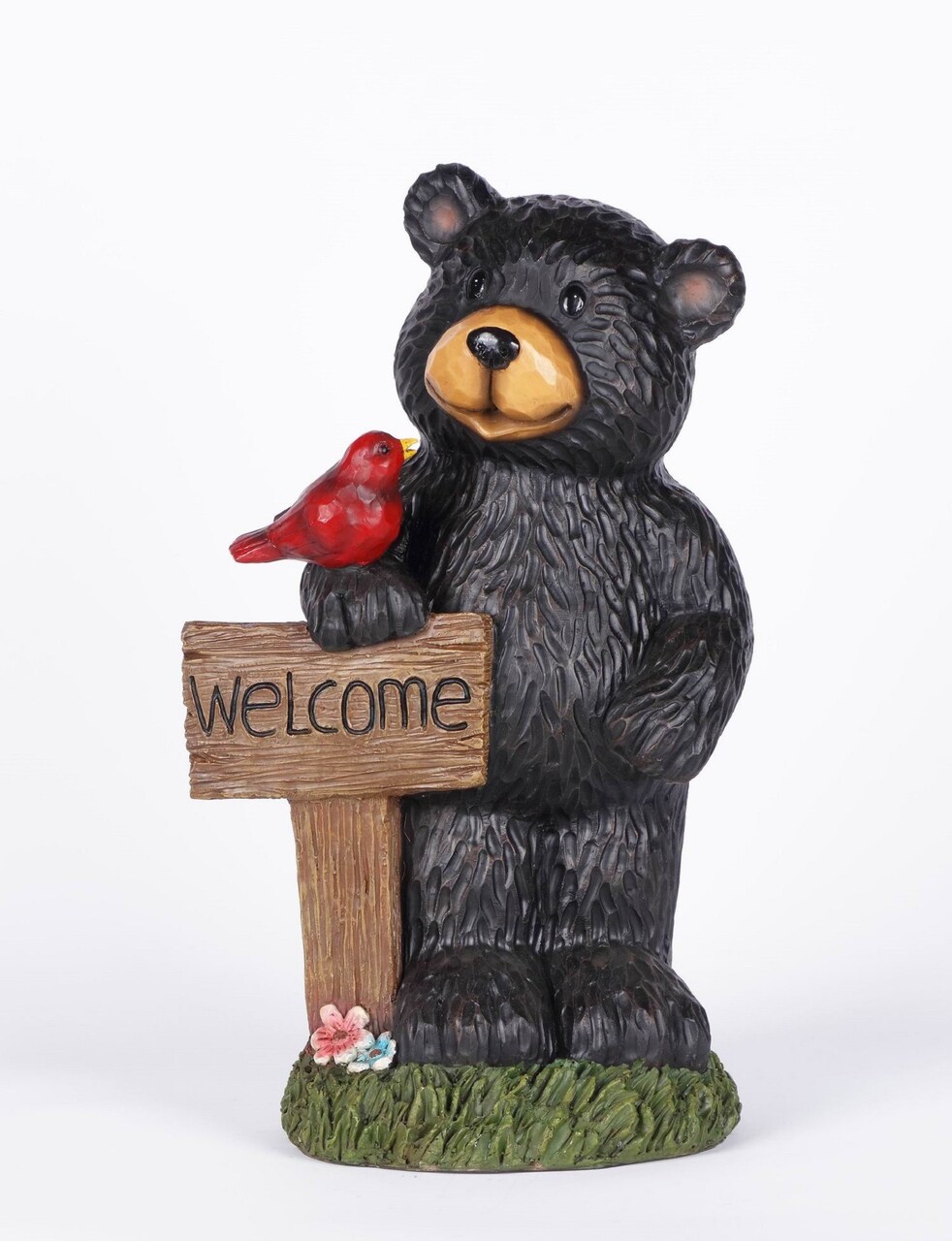 Hi-Line Gifts Bear Holding Welcome Sign Outdoor Garden Statue - 18.5" - Black and Brown